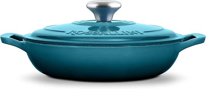 Signature Enameled Cast Iron Braiser, Non-Stick Serving Pot with Tight Fitting Lid for Perfect Roasting, Baking, Sauteing, Searing, and Pan Frying | 5Q (4.7L) - Ocean Blue