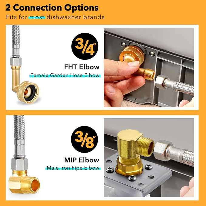 Dishwasher Hose Installation Kit - Includes Water Supply Line, 3/8" Compression Water Splitter, 3/4" FHT Elbow, and 3/8" MIP Elbow (18 FT)