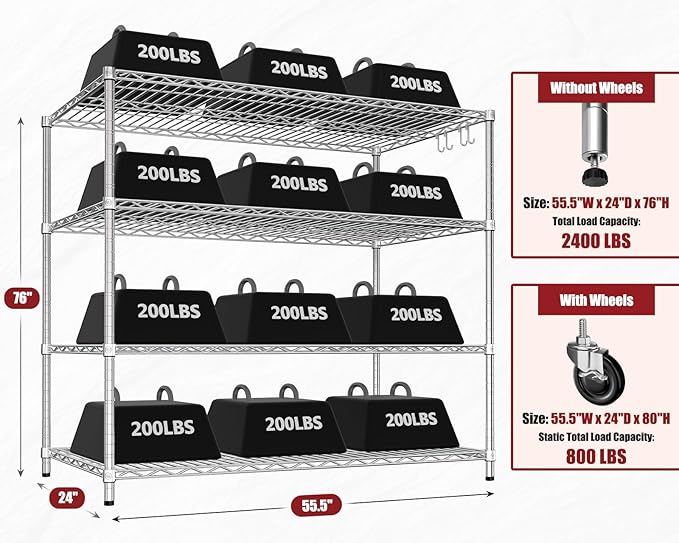 PrimeZone 4 Tier 55.5" Wx24 Dx76 H Wire Shelving with Wheels 2400lbs NSF Certified Storage Shelves Heavy Duty Metal Shelf Adjustable Rolling Rack Commercial Garage Restaurant Warehouse Chrome 3Pack