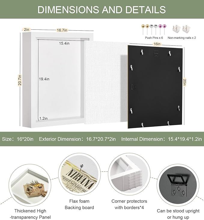 16x20 Shadow Box Display Case Picture Frame with Soft Linen Back, Large Deep White Shadow Box 16x20 for Flowers Medal Display Case Jersey pet Graduation Memorabilia Baby Ltems Crafts Photos