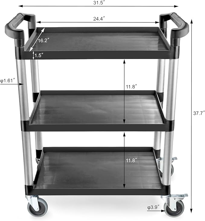 New Star Foodservice 54538 250-Pound Plastic 3-Tier Utility Bus Cart with Locking Casters, 32" x 16" x 38", Black