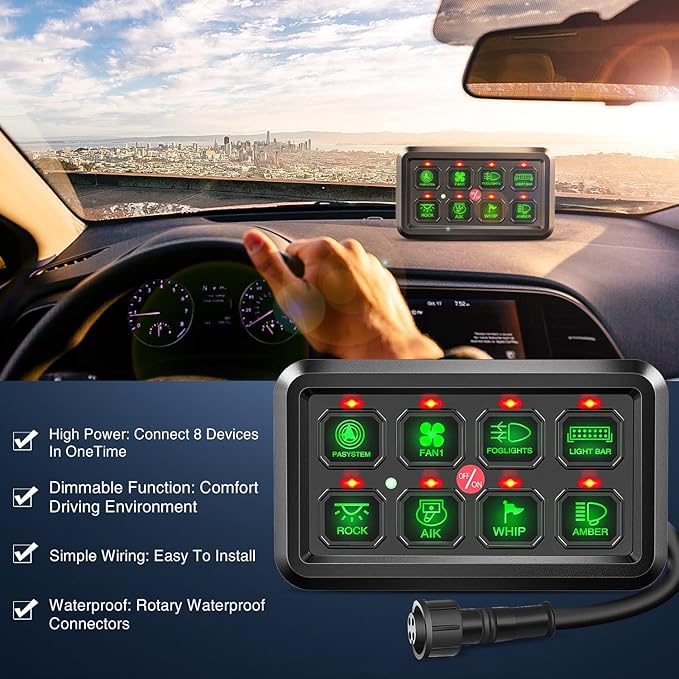 Nilight 8 Gang Switch Panel System Circuit Control Relay System Fuse Wiring Harness Automatic Dimmable ON Off LED Switch Pod for 12V Cars Trucks Campers SUV, 2 Years Warranty
