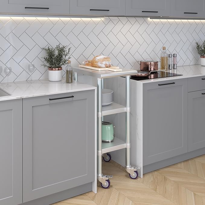 AmGood Stainless Steel Work Table with 2 Shelves and Casters | Metal Utility Table On Wheels (Stainless Steel Work Table with 2 Shelves + Casters, 15" Long x 24" Deep)