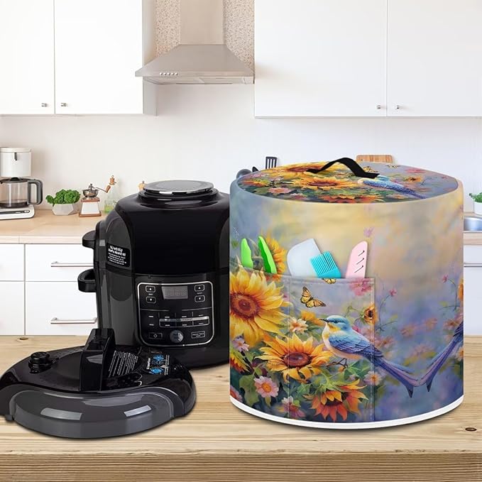 TODIYADDU Butterfly Sunflower Electric Pressure Cooker Cover Round Protective Cover Bag with Pocket and Handle for or Rice Cooker Kitchen Small Appliance Dust Covers Nice Holiday Presents