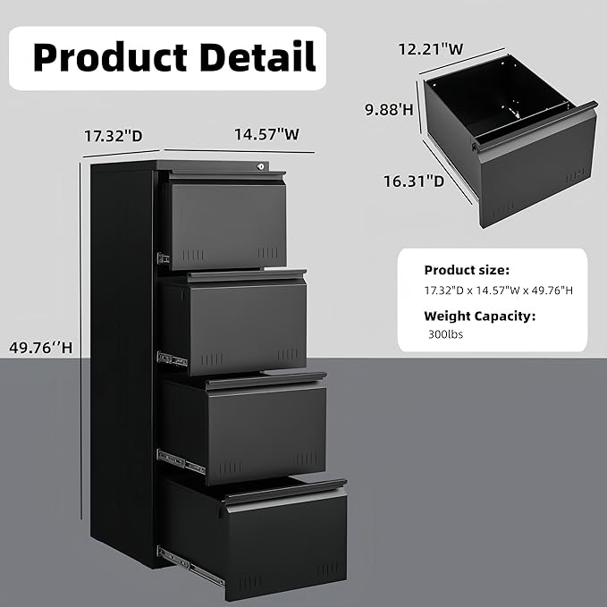 Vertical 4 Drawer File Cabient with Lock, Metal Filing Cabinets for Home Office, Heavty Duty Office Storage Cabinet for A4/Letter/Legal (Matte Black)