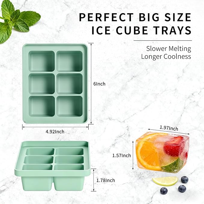Large Silicone Ice Cube Tray Set of 3, Easy Release 6 Flexible Silicone Ice Cube Molds with Removable Lid, Reusable Freezer Stackable Ice Trays for Whiskey, Baby Food, No Floater, BPA Free