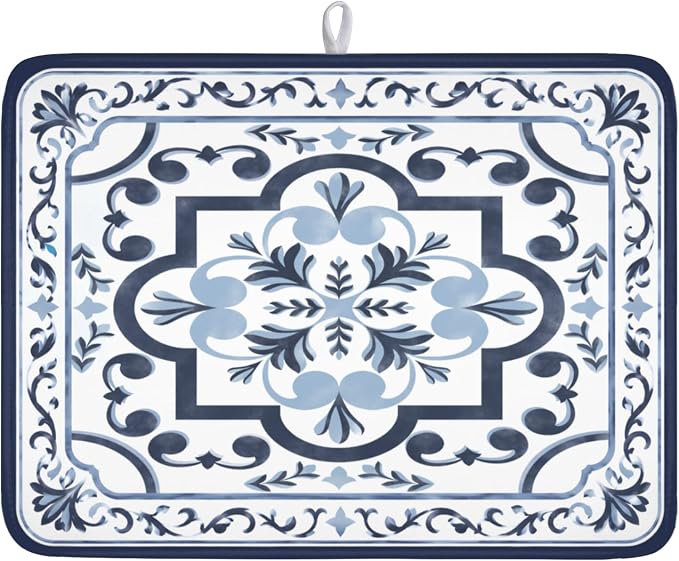 Giwawa Navy Flower Dish Drying Mat Modern Boho Microfiber Dishes Drainer Pad by Giwawa