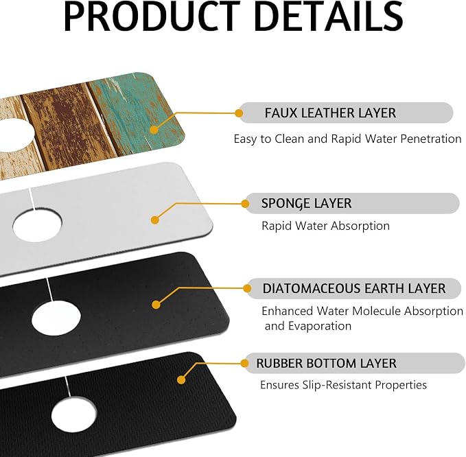 MCALK Wood Pattern Teal Kitchen Sink Faucet Mat Splash Guard, Absorbent - Image 3
