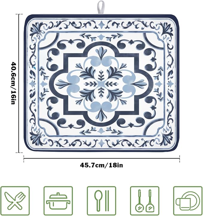 Giwawa Navy Flower Dish Drying Mat Modern Boho Microfiber Dishes Drainer Pad - Image 2