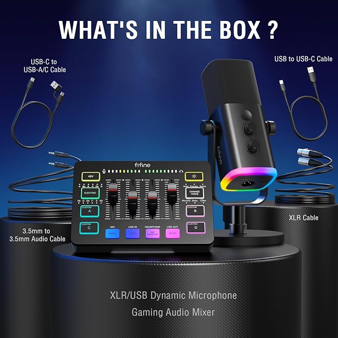 FIFINE Gaming Equipment Bundle, Dynamic XLR/USB Gaming Microphone Set with Streaming Audio Mixer for Podcast Recording Video Vocal, RGB Gamer Set with Volume Fader/XLR Interface for PC-AmpliGame KS5