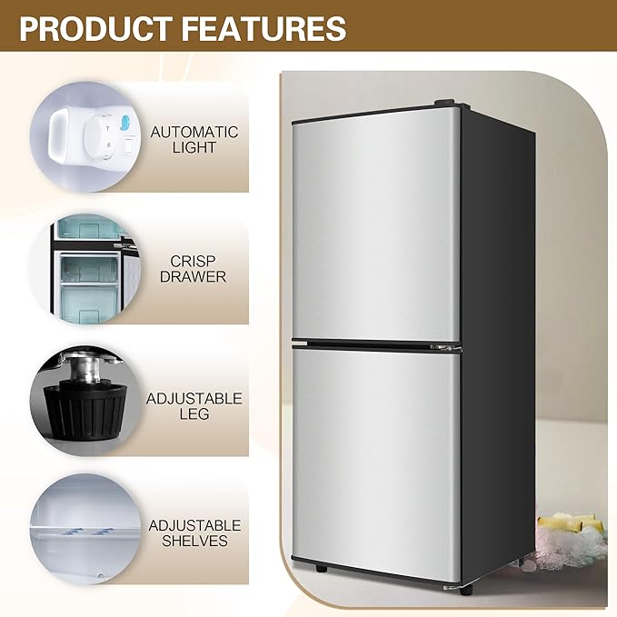 Small Fridge with Freezer 4.2 Cu.Ft., Mini Fridge and Freezer for Dorm with Adjustable Thermostat, Apartmet Size Refrigerator Compact Refrigerator for Kitchen, Dorm, Office, Silver