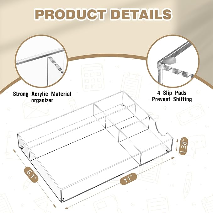 Briwooody Clear Acrylic Drawer Organizer, 5 Compartments, Large | 12.2 x 8.27 x - Image 2