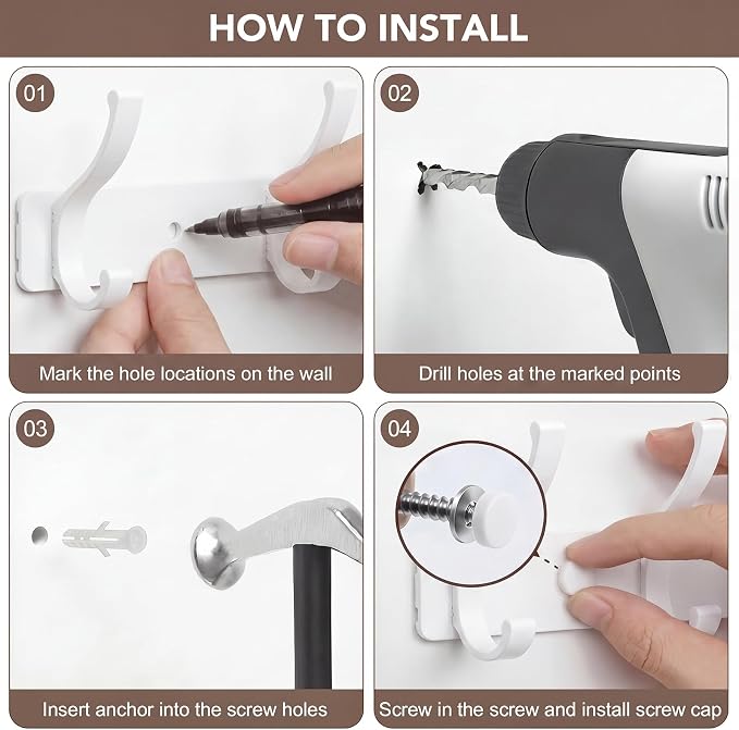 Wall Mount Coat Rack 2 Pack, Smooth Hook Edges, Screw Installation, Double - Image 5