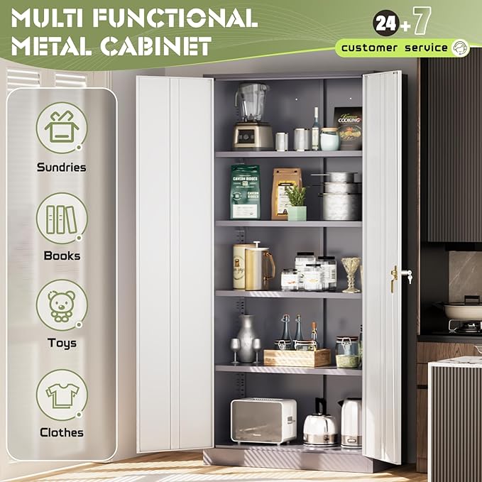 Oakmont Metal Storage Cabinet for Tool Organization, 72" Lockable Garage Storage Cabinets with 2 Doors and 4 Adjustable Shelves, Locking File Cabinet for Office, Home, School (72“ Standard-GreyWhite)