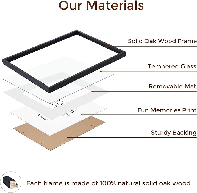 Fun Memories Black 18x24 Picture Frame, Large 18 by 24 Poster Frames Set of 2, Natural Oak Wood Frame 18 x 24 with Tempered Glass, 18x24 Black Wood Frames, 18"x24" Art Frame