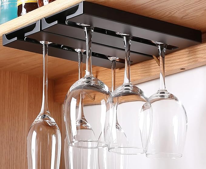 Wine Glass Holder Under Shelf Cabinet Wine Glass Rack Plastic Stemware Rack Glassware Drying Storage Hanger for Kitchen,Bar and Restaurant (Black-2Pack)