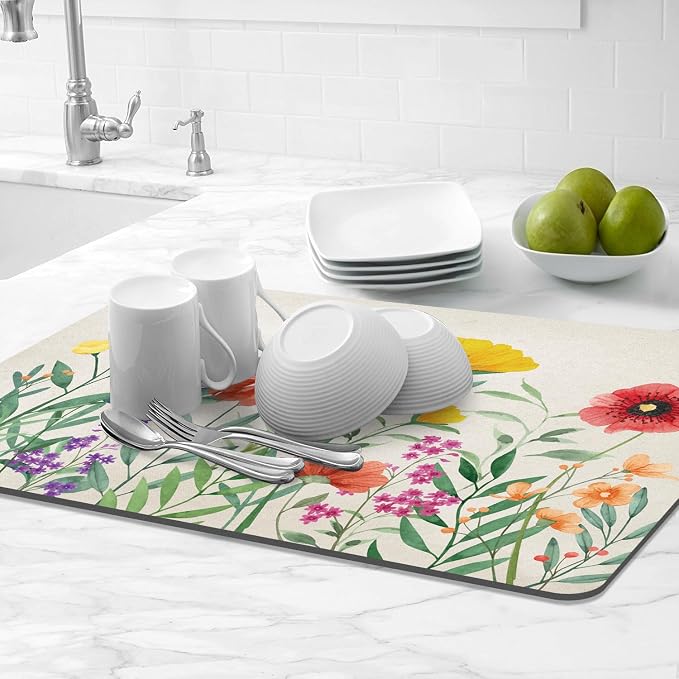 LOKHOM 18"x24" Dish Drying Mat，Colorful Floral Coffee Mat | Ultra Absorbent - Image 8