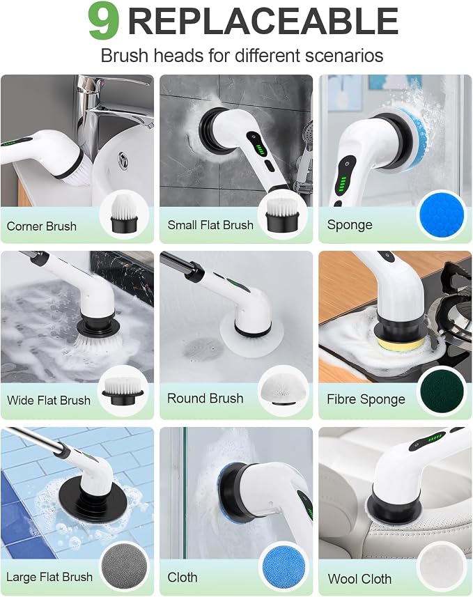 Cordless Electric Spin Scrubber, 9 Brush Heads, 2-Speed Motor | Floor cleaning - Image 4