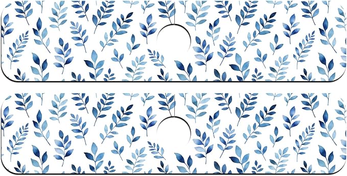 2 Pcs Kitchen Sink Splash Guard Faucet Mat Watercolor Blue Leaves Faucet Mat - Image 8