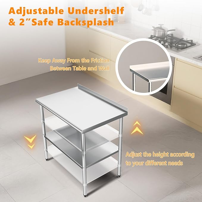 ROVSUN 36'' x 24'' Stainless Steel Table for Prep & Work,Commercial Worktables & Workstations, NSF Heavy Duty Metal Table with Adjustable UnderShelf & Backsplash for Kitchen, Restaurant,Home,Hotel