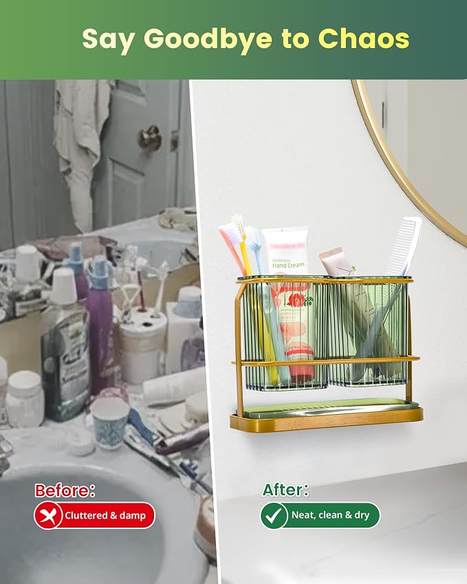 KONE Green Toothbrush Holders for Bathrooms, 2 Cups Toothbrush Holders Wall - Image 5