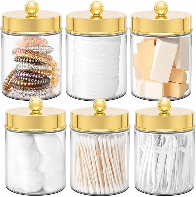 Amolliar Acrylic Apothecary Jar Bathroom Qtip Holder Gold 6 Pack by Amolliar