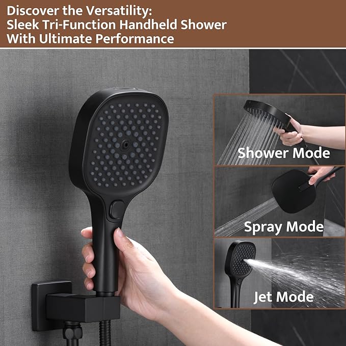 Shower System Matte Black, Push Button Diverter Shower Faucet with 3 in 1 Handheld, Ceiling Mount 12 Inch Shower Head with 6 Inch Wall Mount Shower Head