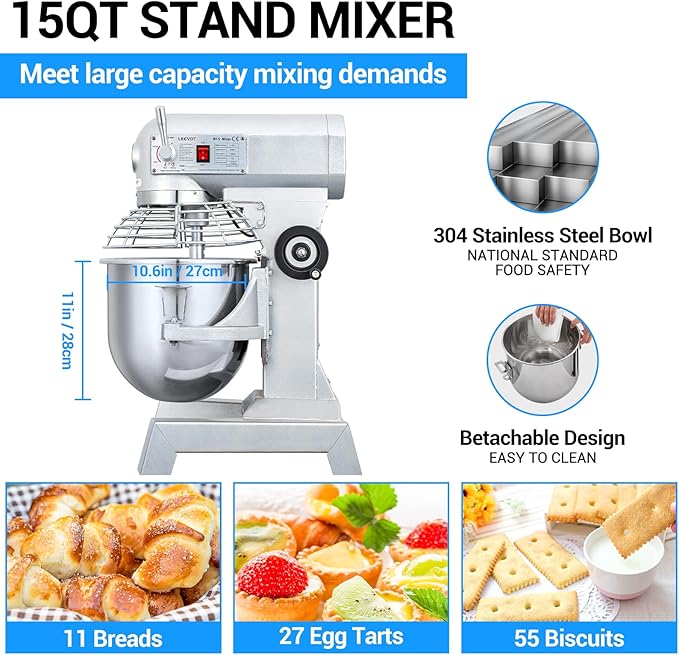 15Qt Commercial Food Mixer, Commercial Dough Mixer 600W 2-Speeds Adjustable, Heavy Duty Electric Stand Mixer with Stainless Steel Bowl for Kitchenaid and Pizzeria (Simple)