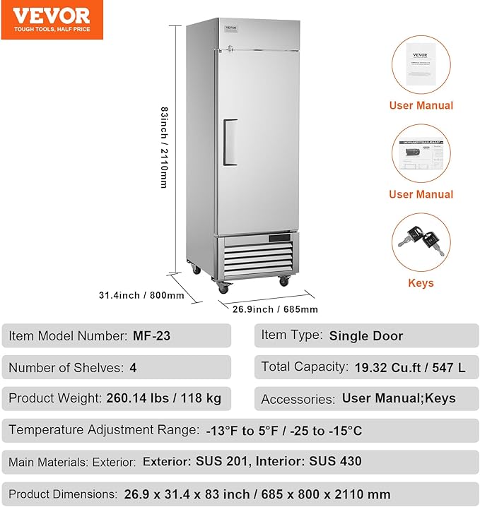 VEVOR Commercial Freezer 19.32 Cu.ft, Reach In 27" W Upright Freezer Single Door, Auto-Defrost Stainless Steel Reach-in Freezer with 4 Adjustable Shelves, -13 to 5℉ Temp Control, LED Light, 4 Wheels