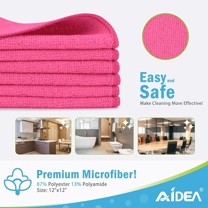 AIDEA Pink Microfiber Cleaning Cloth-12PK, Absorbent Cleaning Rags 12"x12" | - Image 2