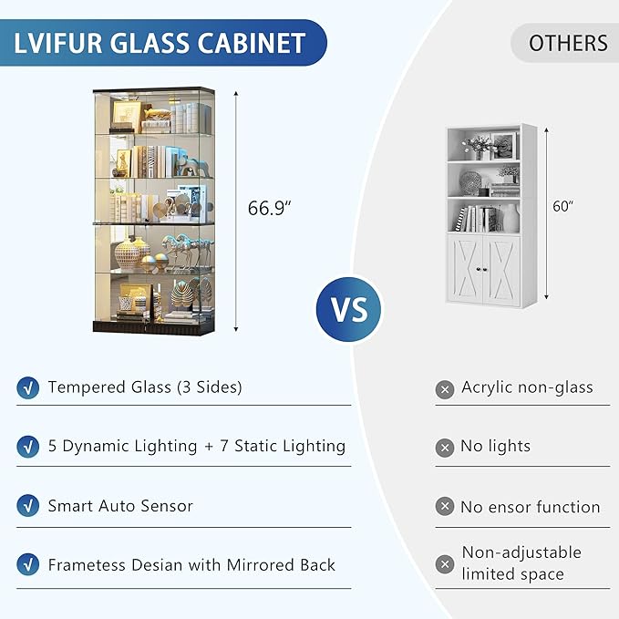 Glass Display Cabinet with RGB Lights - 5-Tiers Curio Cabinet Display Case with Lock, Frameless Tall Showcase Display Shelf for Collectibles & Legos, Living Room Bookcase Storage Cabinet (Black)