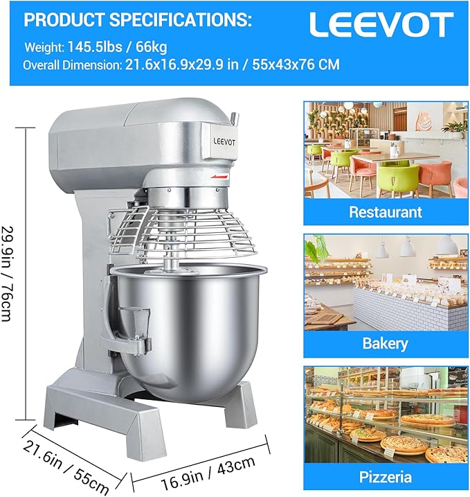 20Qt Commercial Food Mixer, Commercial Dough Mixer 1100W 3-Speeds Adjustable, Heavy Duty Electric Stand Mixer with Stainless Steel Bowl for Kitchenaid and Pizzeria (Simple)