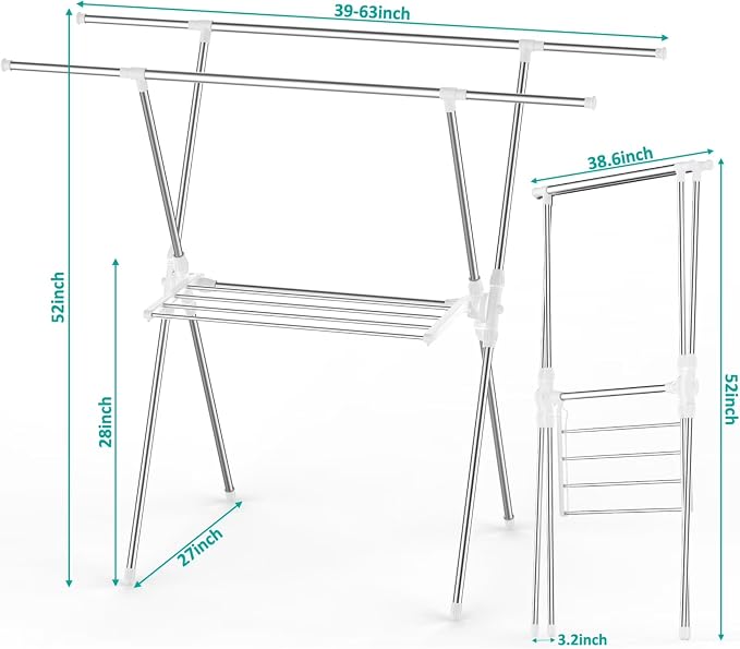Foldable Clothes Drying Rack 63 Inch Stainless Steel, Heavy Duty Space Saving - Image 3