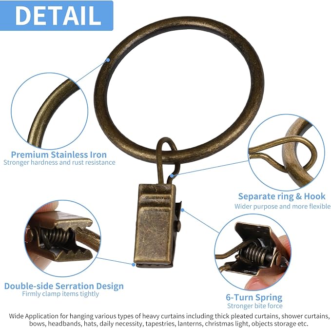 Curtain Rings with Clips, 44 Pack Metal Drapery Rings with Clips Hooks Hangers - Image 4