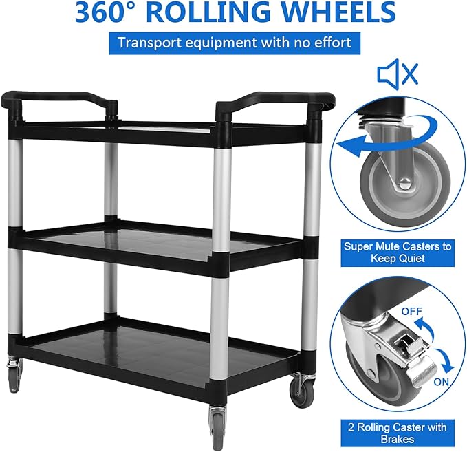 3-Shelf Rolling Utility Push Cart on Wheels, 500 LBS Capacity Heavy Duty Black Steel Organizer, Service Cart Push Cart for Restaurant, Bathroom, Catering Service & Business Tools Cleaning