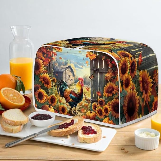 UNICEU Sunflower Rooster Print Toaster Dust Cover Protector Compatible with 2 Slice Heat-Resistant Dust Protection Anti-scratch Home Kitchen Decor