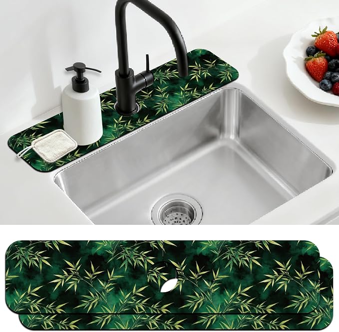 2 Pcs Kitchen Sink Splash Guard Faucet Mat Bamboo Leaves Pattern Faucet Mat by CONCHLERY%E6%97%97%E8%88%B0%E5%BA%97