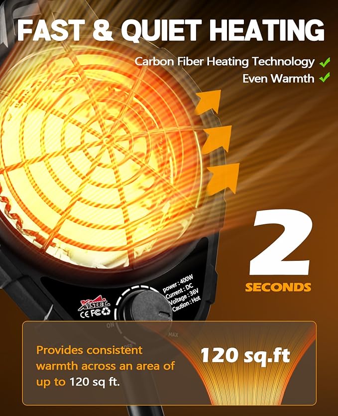Xislet Upgrade Golf Cart Electric Heater with Infinite Temperature Adjustment, 2-Second Quick Heat 400W Quiet & Safe Carbon Fiber Heating, Battery Powered Heater Stable Fit Club Car/Yamaha/EZGO