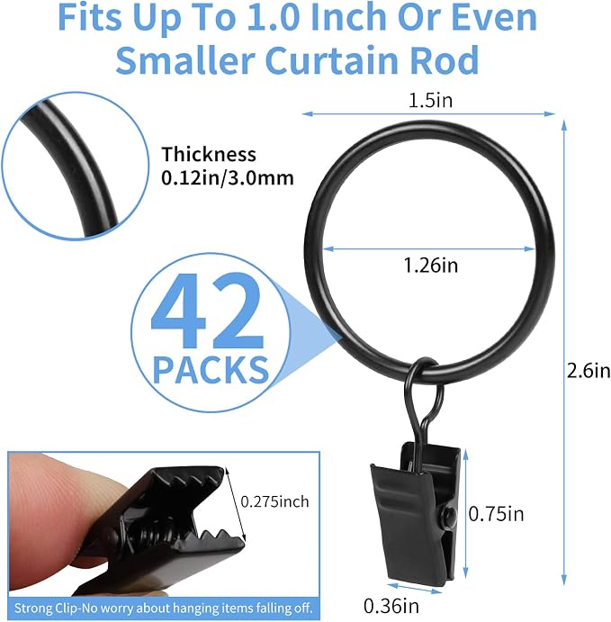 Curtain Rings with Clips, 42 Pack Metal Drapery Rings with Clips Hooks Hangers - Image 2