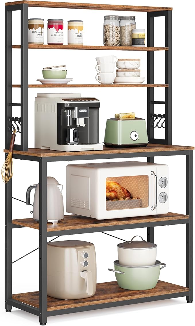 VASAGLE Coffee Bar, 31.5 Inches Baker's Rack for Kitchen with Storage, 6-Tier Kitchen Shelves with 6 Hooks, Microwave Stand, Industrial, Rustic Brown and Ink Black UKKS019B01