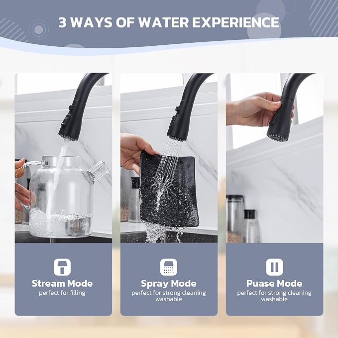 WEWE Kitchen Faucet with Soap Dispenser, 3-Mode Sprayer, Matte Black | - Image 6