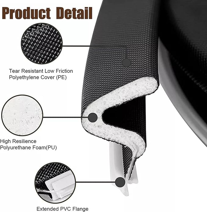 26 FT Door Frame Kerf Non-Adhesive Weather Stripping Seal Strip PU Foam, PE Cover, Groove Slot Installation for Large Gap, Sound Heat Insulation, Dust Water Prevention (26ft, Black, Flanged)