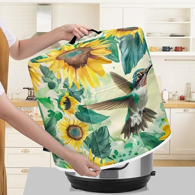 TODIYADDU Green Hummingbird Air Fryer Cover for 3 Quart Instant Sunflower Kitchen Appliance Dust Cover with Handle and Pocket Lightweight Round Protective Cover for Rice Cooker Coffee Maker