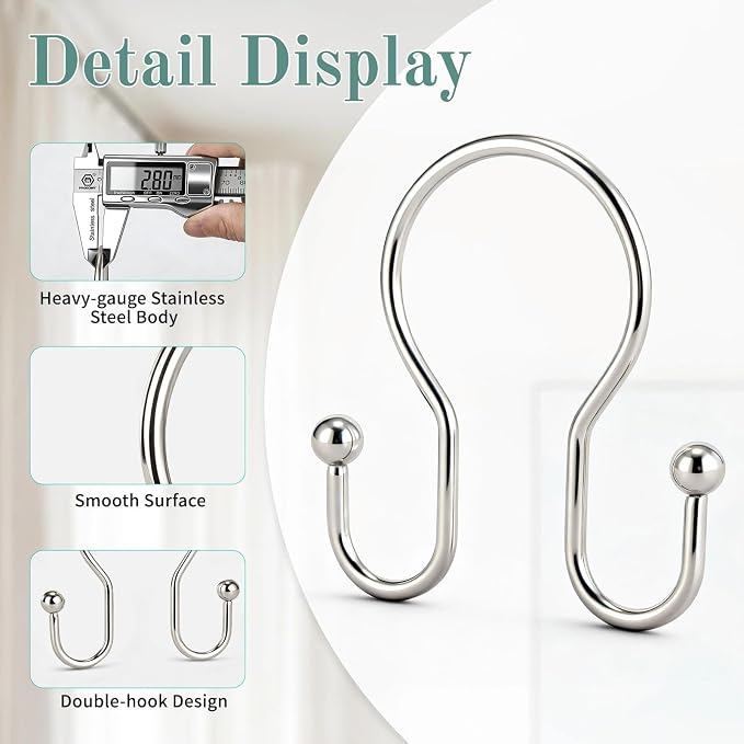 Shower Curtain Hooks, Stainless Steel Shower Curtain Hangers, Metal Shower - Image 4