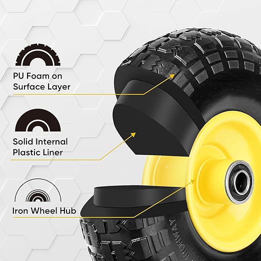 TICONN 4.00-6 Tire and Wheel Flat Free, 2 Pack 13" Solid Tires with 5/8" Axle Bore Hole and Double Sealed Bearings, Perfect for Wheelbarrow, Garden Cart, Wagon, Dolly (Yellow, 2PK)
