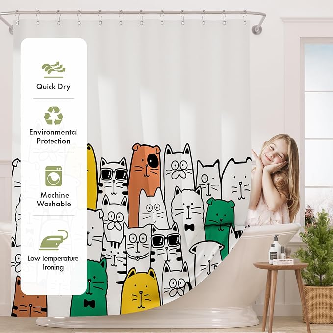 AmazerBath Shower Curtain, Washable Cute Kitty Carnival Cloth Shower Curtain Set - Image 2