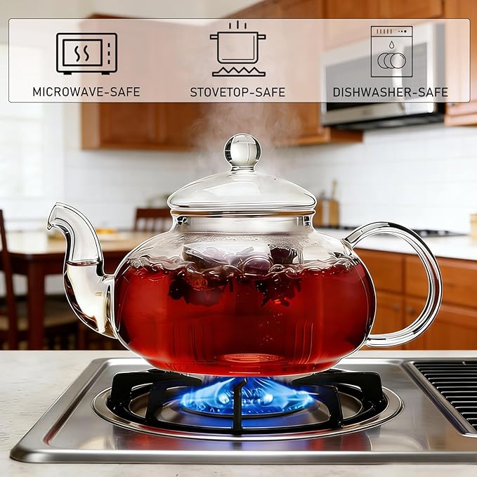 1000ml(33.8oz) Borosilicate Glass Teapot with Removable Glass Infuser, Stovetop Safe Large Tea Kettle for Blooming and Loose Leaf Tea