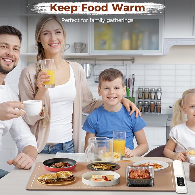 Graphene Warming Mat for Food - Fast Full Surface Heating Electric Warming Tray, Portable Food Warmer for Parties Buffet with 6 Temperature and Timer Settings, Brown