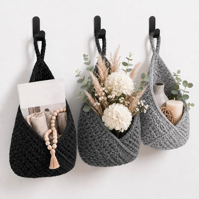 Honeydak 3 Hanging Baskets, Dark Grey, Cotton Rope - Image 2