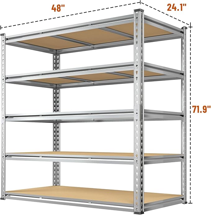 Garage Shelving Load 3100LBS, 5-Tier Storage Shelves, Adjustable Garage Shelves, Shelving Units and Storage, Metal Shelf for Kitchen, Pantry, Warehouse, 48" W x 71.9" H x 24.1" D, Galvanized